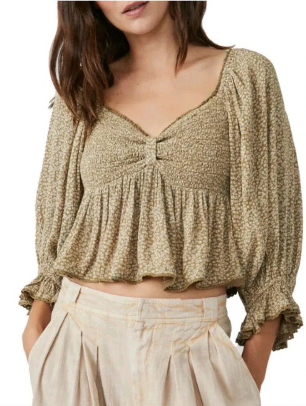 Free People Brittnee Print Smacked Peplum Top Sz Xs
